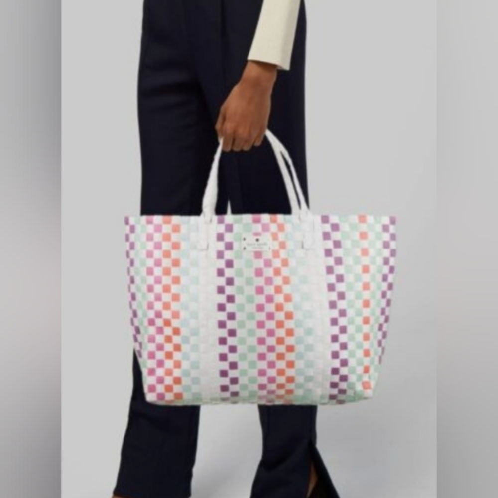 Kate Spade Basket Weave Woven Tote Rainbow Beach Bag Shopping Travel Tote